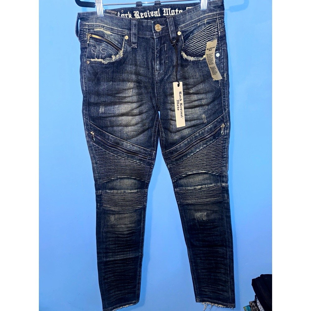 Rock Revival Moto Skinny Jeans Distressed Blue Dark Wash Biker Zipper Mens 29x30